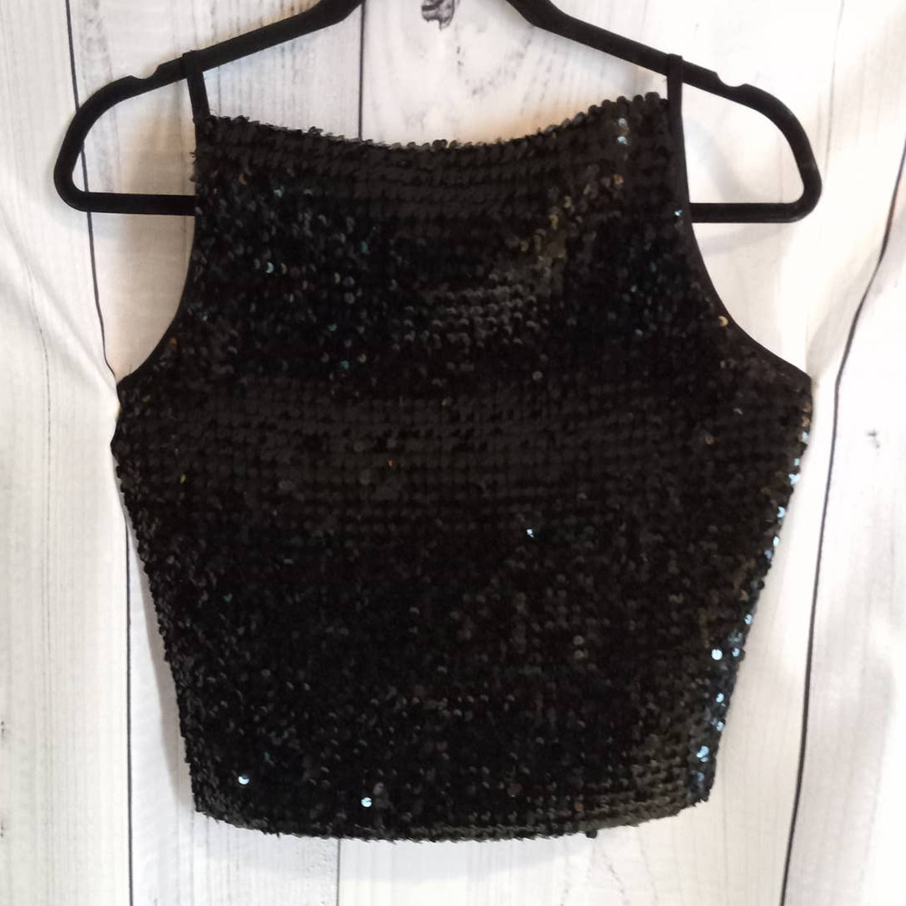 Scott McClintock Vintage 90s Black Sequin High/Square-Neck Corset-Style Tank Top